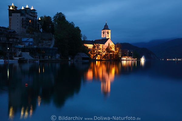 Sankt Wolfgangsee Hotel Kirche am Wasser Nacht-Romantik bleuer Abend Dmmerung