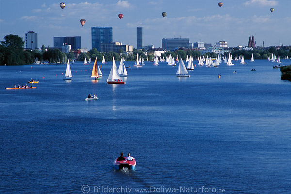 Sailboats blue lake flying balloons over Alster city Hamburg photo