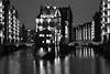 Storage city Castle water flood Hamburg freeport night lights black-and-white photo art harbor historic architecture