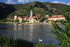 Drnstein Donaupanorama Foto Grnufer mit Schwan Wallfahrtskirche Burgruine Bild