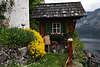 105780_Hallstatt uriges Huschen Kasten Foto hoch auf Berghang, Gartenterasse mit Blmchen, Seeblick