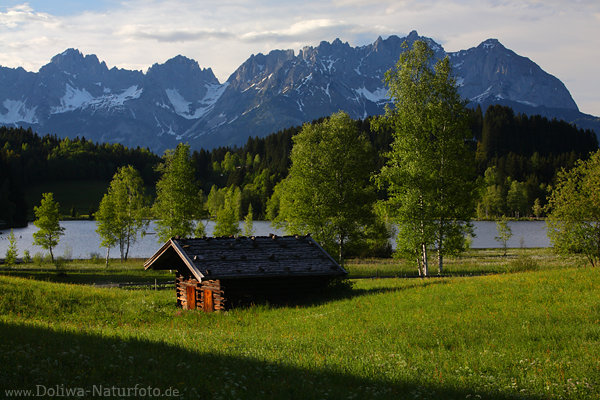 Schwarzsee Alpenkulisse Naturfoto Grnwiese Berghtte Kaisergebirge Skyline
