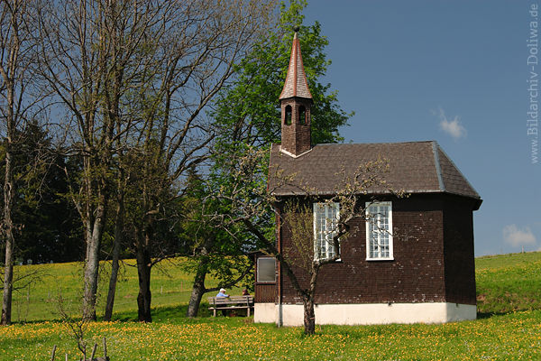 Amenegg Kapelle Alm grngelb Blumenwiese Frhlingsblte Besucher in Naturidylle Vorarlberg