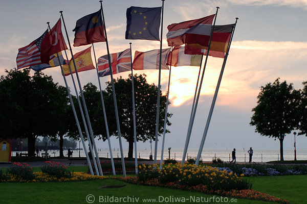 Bregenz Seepromenade Flaggen am Hafen Bodensee