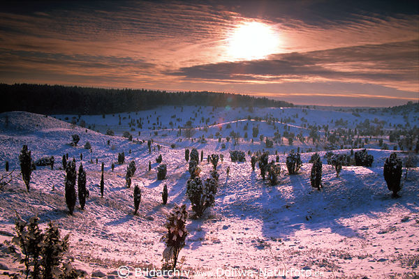 wintry sunset over snow in valley hills light-mood 